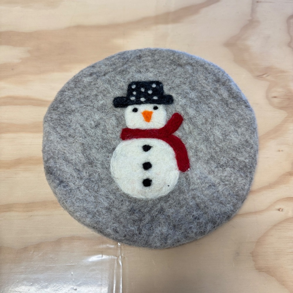 Handmade Felted Wool Snowman Trivet 8.5" Coaster Grey Red Winter Christmas Decor